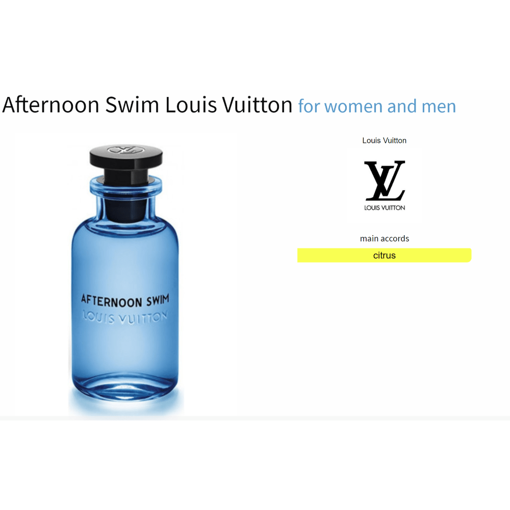 Afternoon Swim Louis Vuitton fragrance bottle with blue design, suitable for women and men, featuring citrus notes.