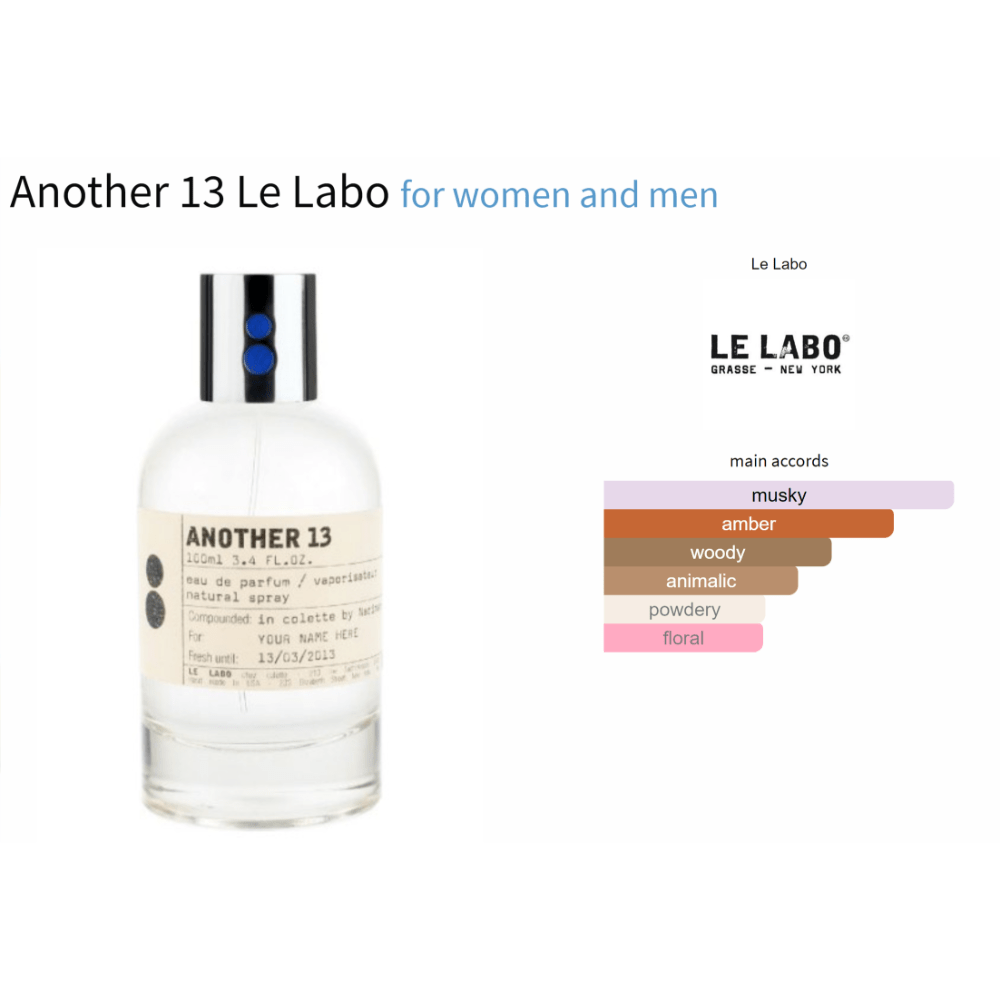 Another 13 Le Labo unisex decant fragrance samples with amber woody scent.