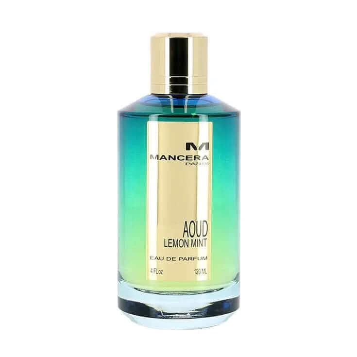 Aoud Lemon Mint Mancera fragrance bottle for women and men, with a gradient glass design.