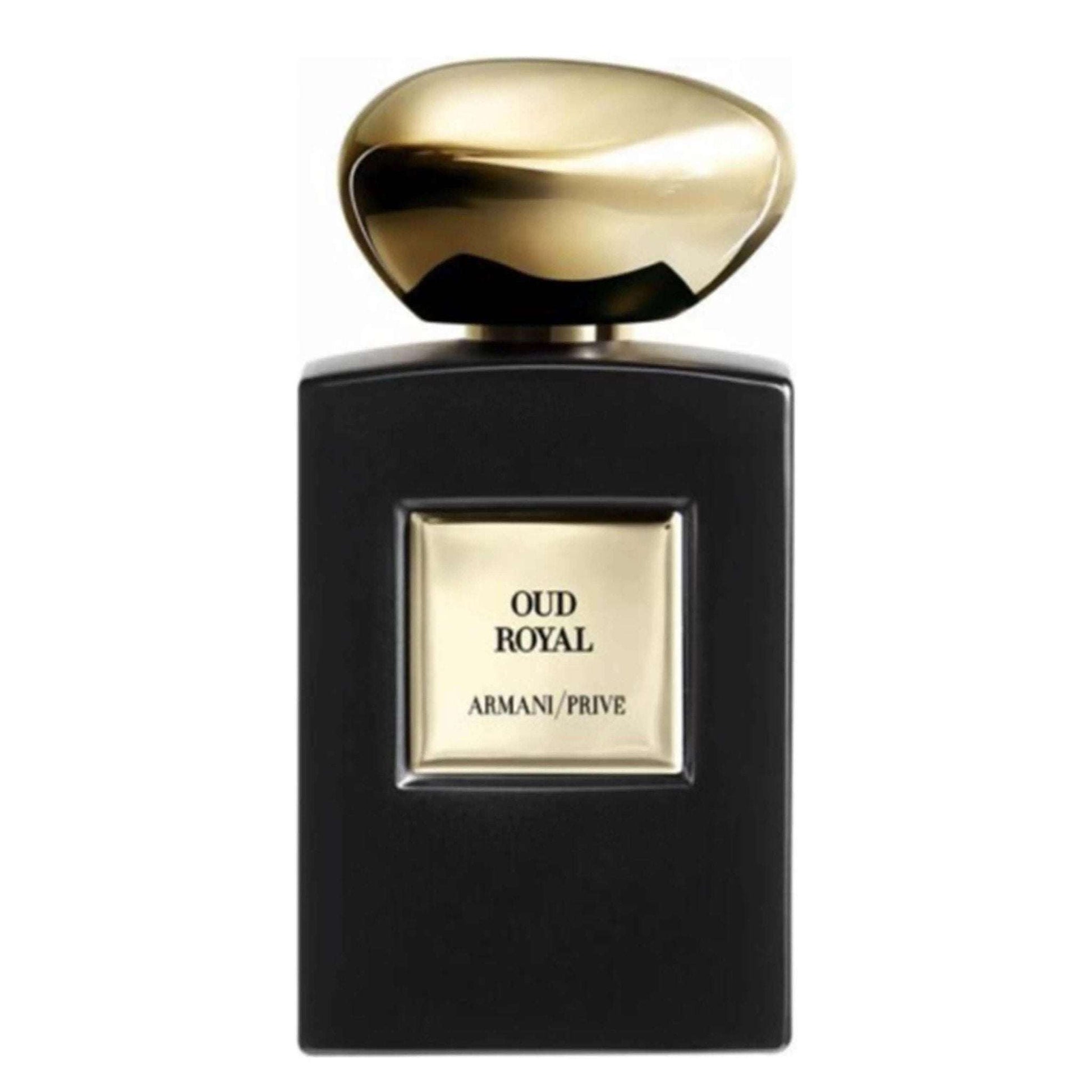 Armani Privé Oud Royal bottle with gold cap, luxury unisex amber woody fragrance.