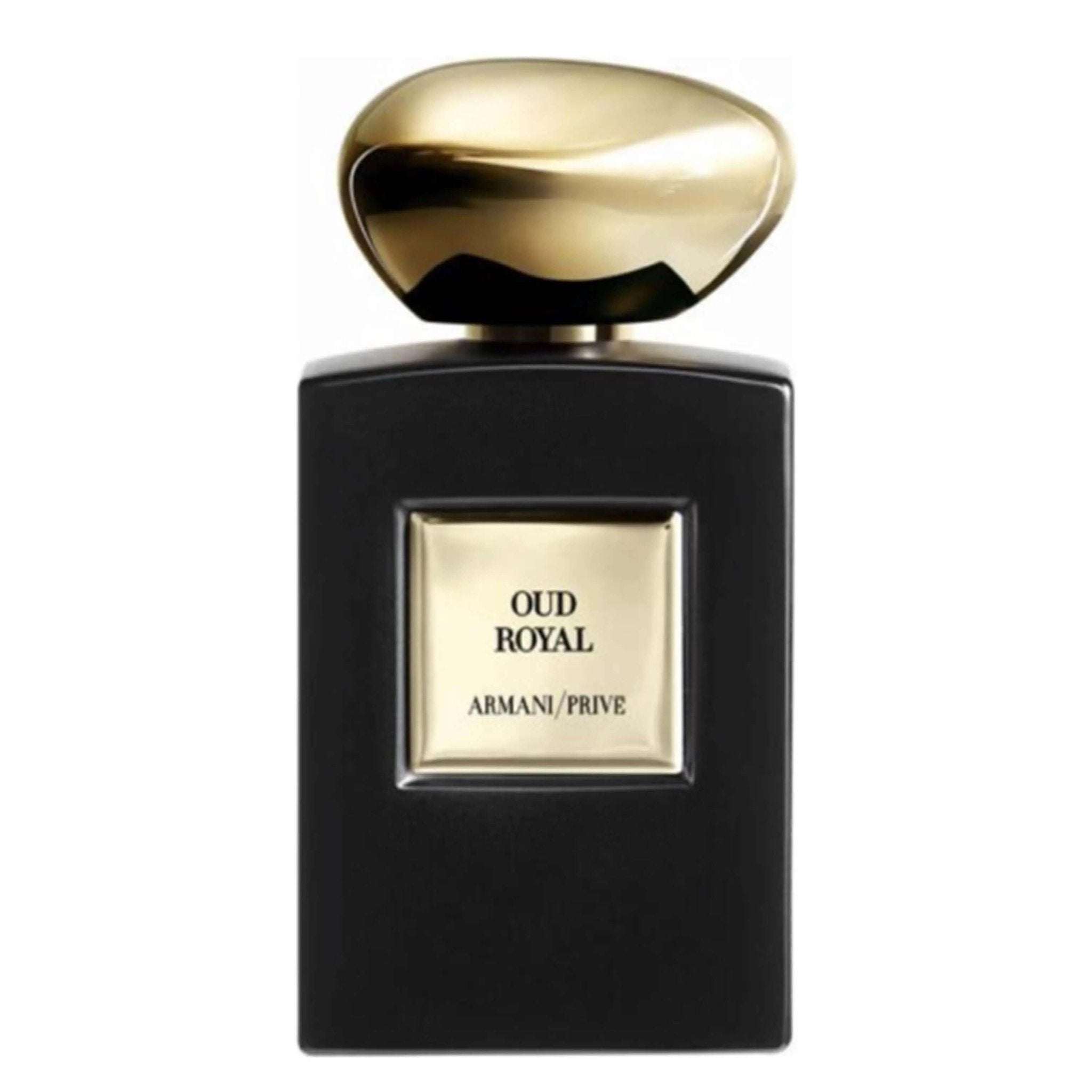 Armani Privé Oud Royal bottle with gold cap, luxury unisex amber woody fragrance.