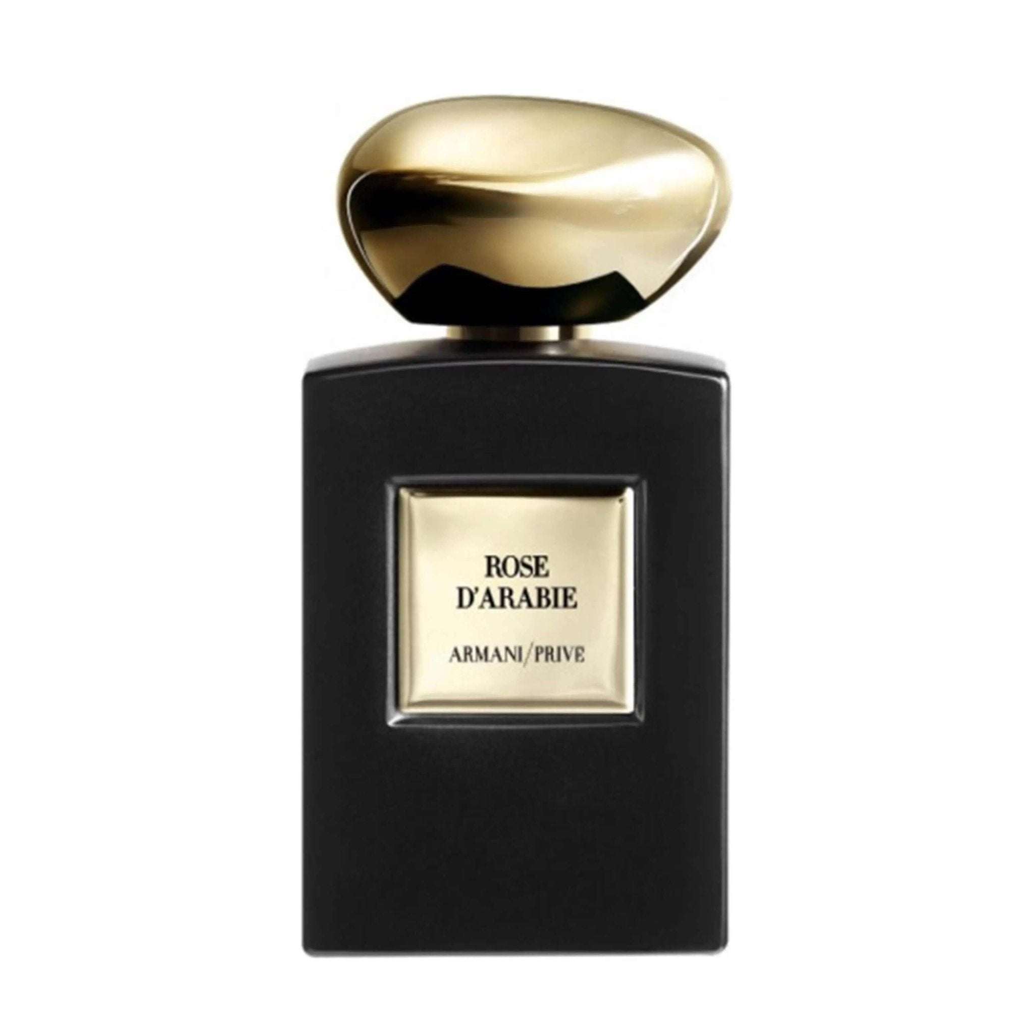 Armani Privé Rose d'Arabie fragrance bottle with gold cap and label.