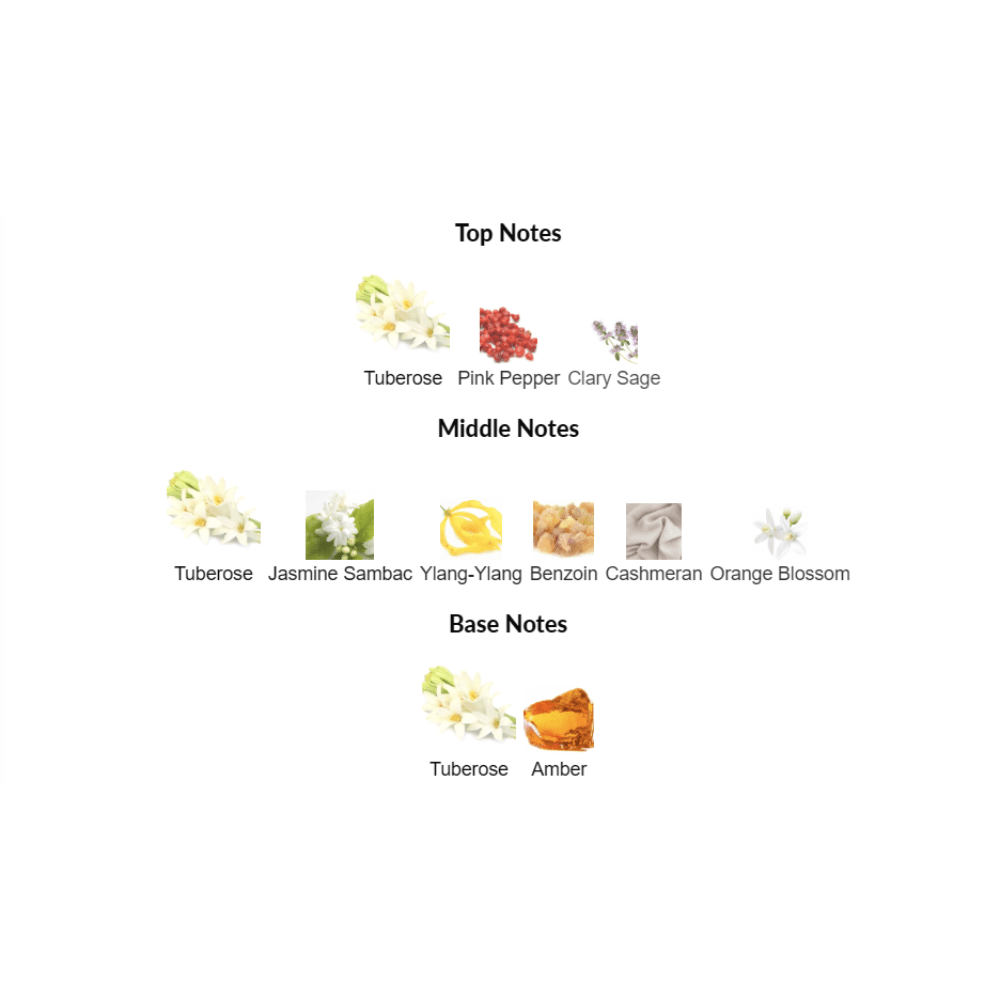 Armani Prive Rouge Malachite fragrance notes chart with tuberose, pink pepper, clary sage, jasmine sambac, ylang-ylang, benzoin, cashmeran, orange blossom, and amber.