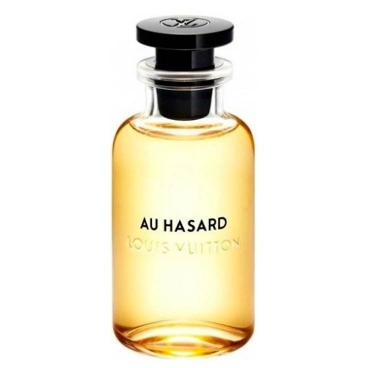 Au Hasard Louis Vuitton fragrance bottle for men on white background.