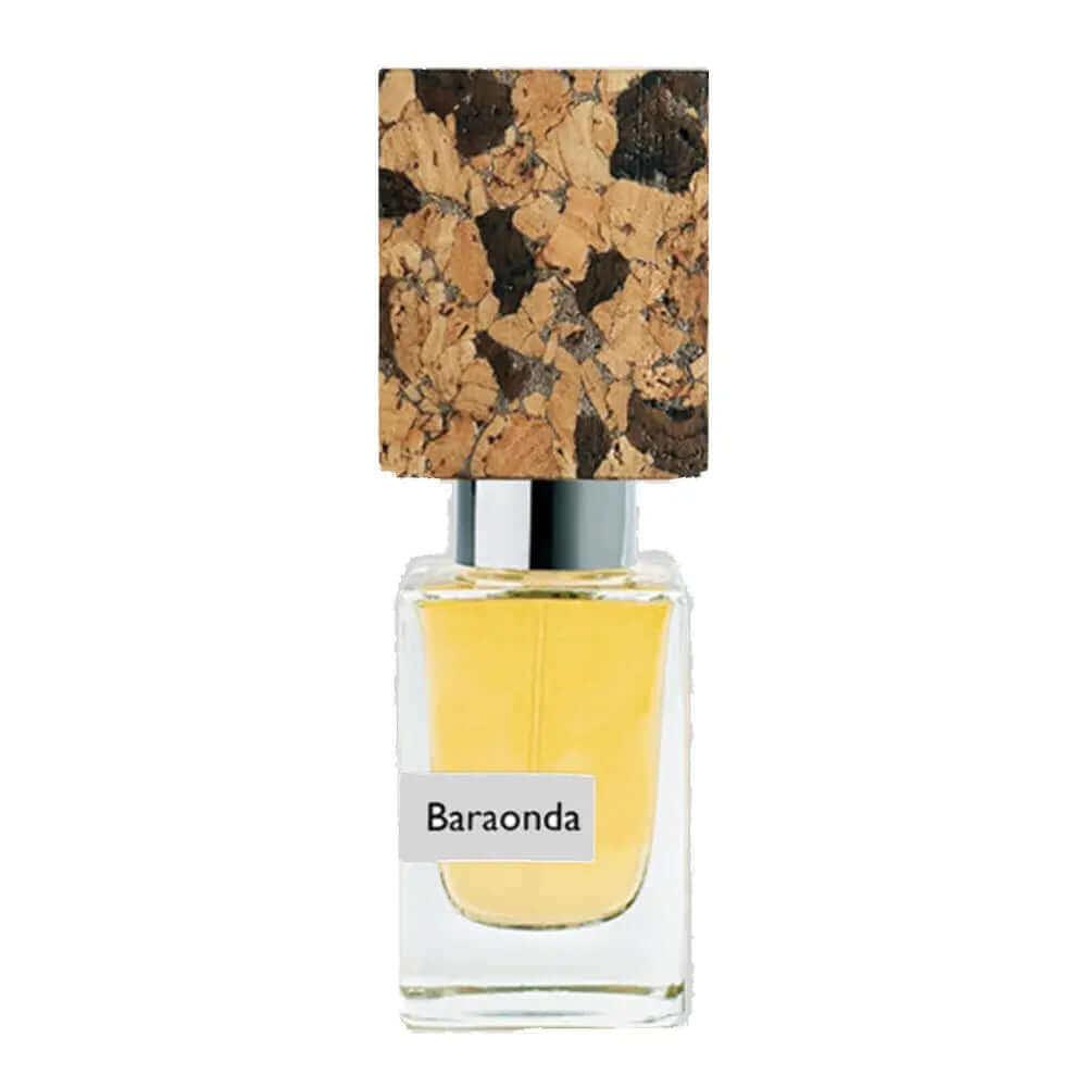 Baraonda Nasomatto decant sample bottle with unique cork cap, showcasing amber woody fragrance for both women and men.