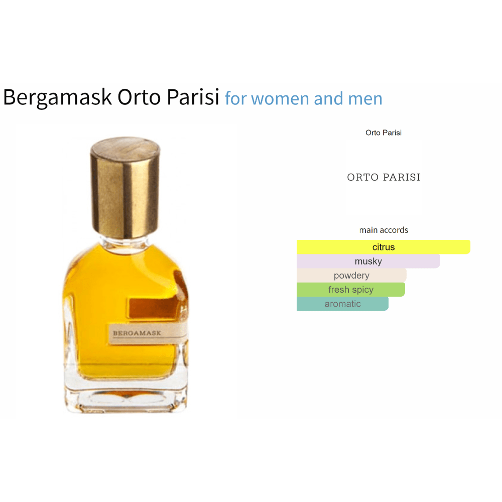 Bergamask Orto Parisi unisex fragrance bottle with citrus and musky notes.