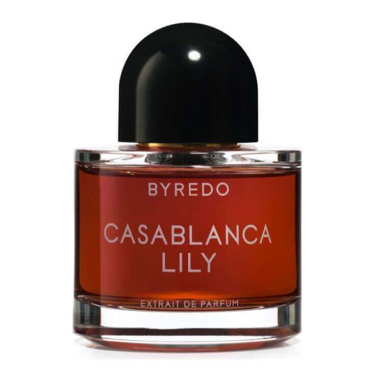Casablanca Lily Byredo fragrance bottle for women and men, amber floral scent.