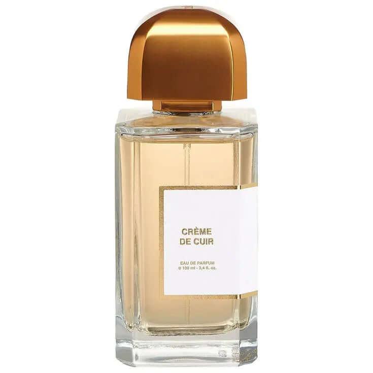 Crème de Cuir BDK Parfums fragrance bottle for men and women with a gold cap and clear glass design.