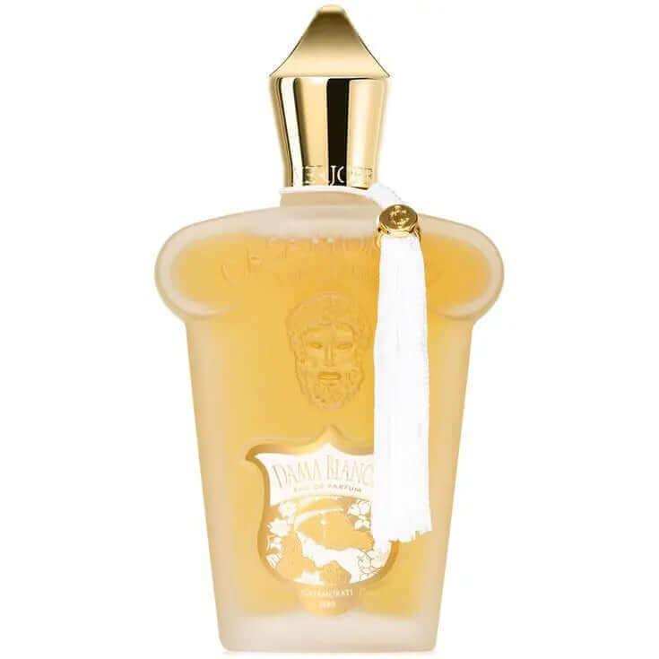 Dama Bianca Xerjoff fragrance decant bottle for women with gold cap and white tassel.
