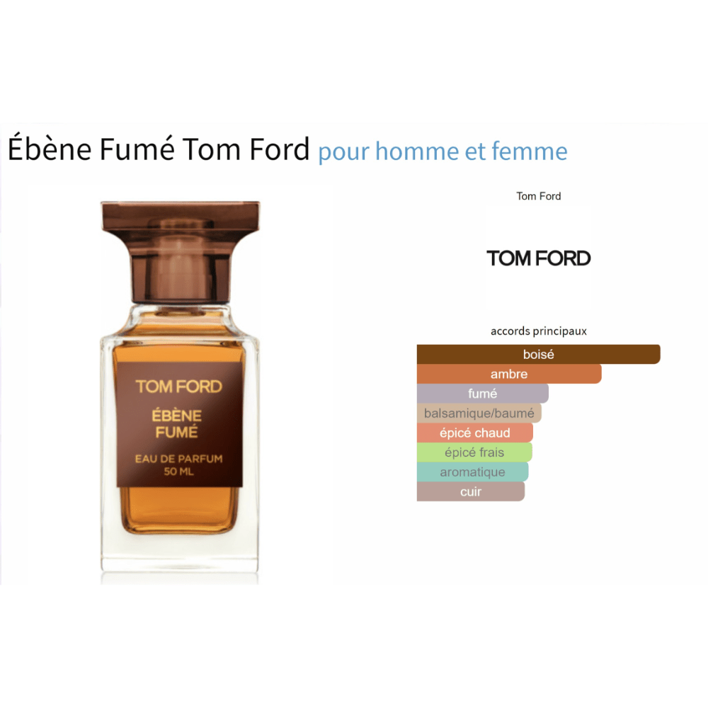 Ébène Fumé Tom Ford fragrance sample bottle with scent profile chart.