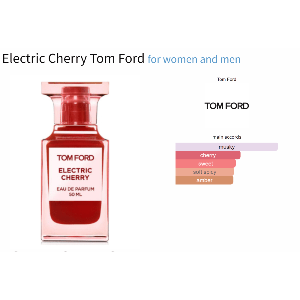 Electric Cherry Tom Ford fragrance bottle for women and men with main accords including musky, cherry, sweet, soft spicy, and amber.