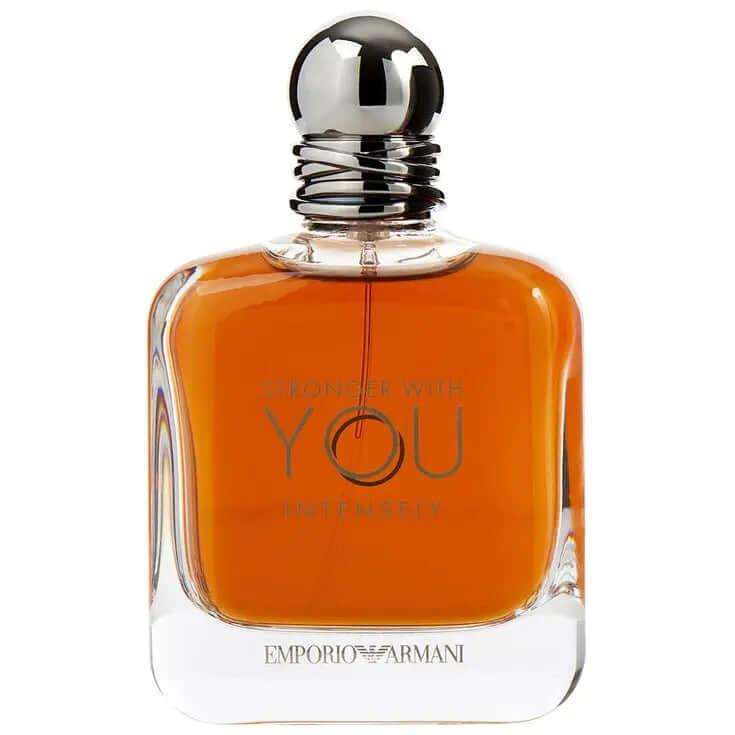 Emporio Armani Stronger With You Intensely fragrance bottle for men in amber hue.