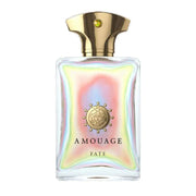 Amouage Fate Man fragrance bottle with iridescent design and gold cap.