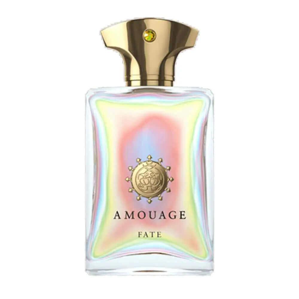 Amouage Fate Man fragrance bottle with iridescent design and gold cap.