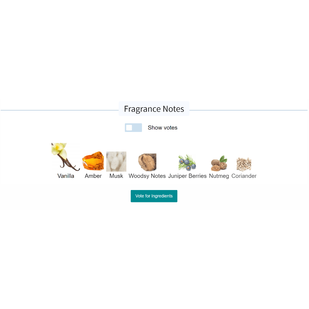 Fragrance ingredients including vanilla, amber, musk, woodsy notes, juniper berries, nutmeg, and coriander for Gentle Fluidity Gold.