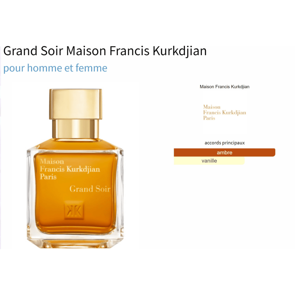 Grand Soir Maison Francis Kurkdjian perfume bottle with amber color and gold cap for men and women.