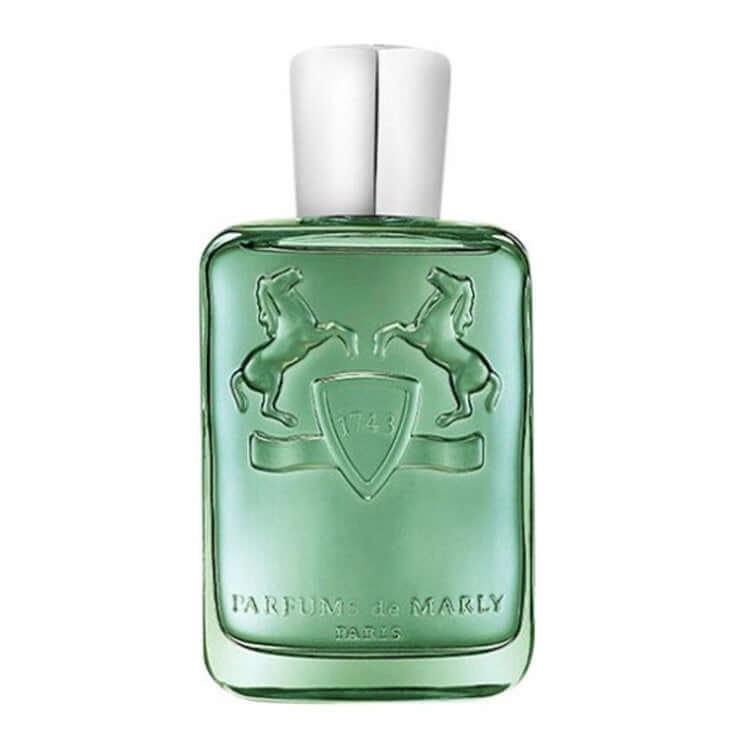Greenley Parfums de Marly unisex fragrance bottle with green design.