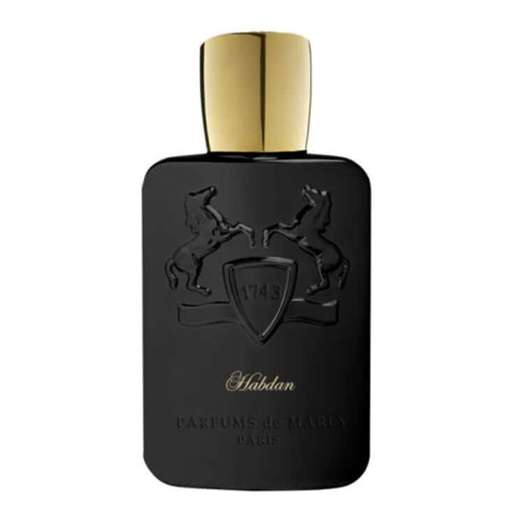 Habdan Parfums de Marly fragrance bottle with gold cap for men and women.