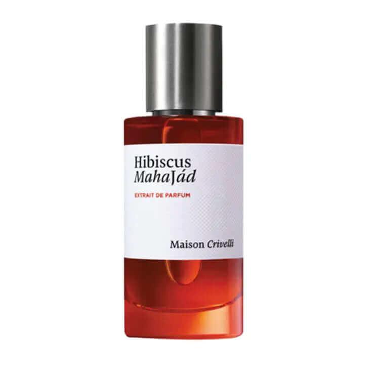 Hibiscus Mahajád Maison Crivelli fragrance bottle, unisex scent in red glass, floral and fruity notes.