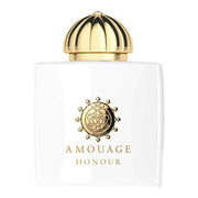 Honour Woman Amouage fragrance bottle with gold cap, featuring the brand logo and name.