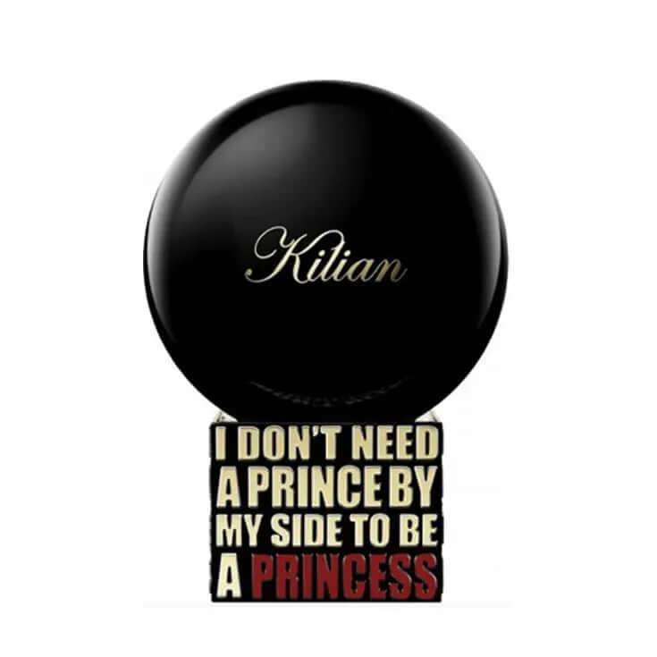 By Kilian "I Don't Need A Prince By My Side To Be A Princess" fragrance bottle, black spherical design, amber vanilla scent for men and women.