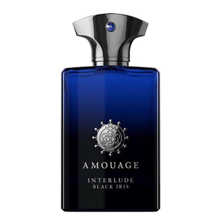 Interlude Black Iris Amouage fragrance bottle with a sleek blue design for both women and men.