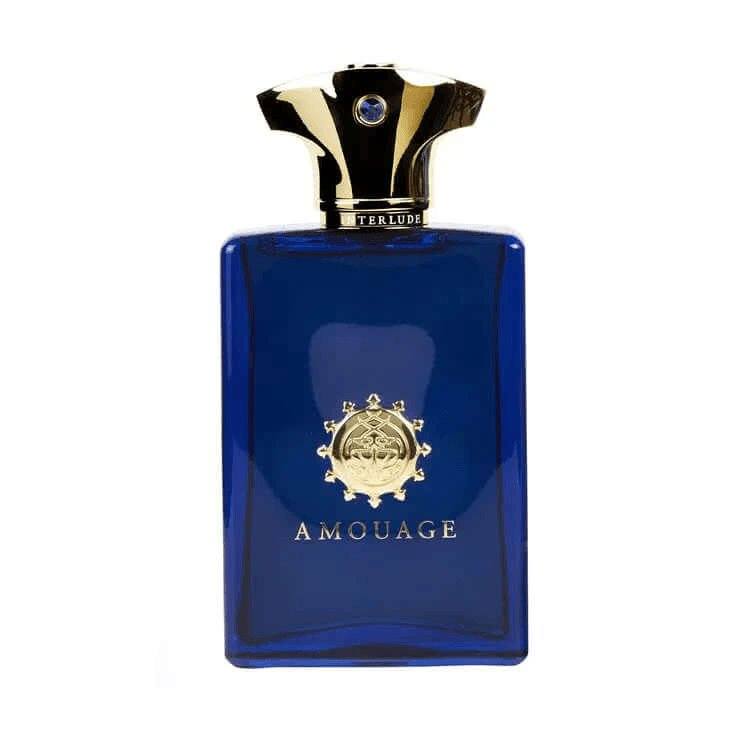 Amouage Interlude Man fragrance bottle for men, featuring a luxurious blue design.