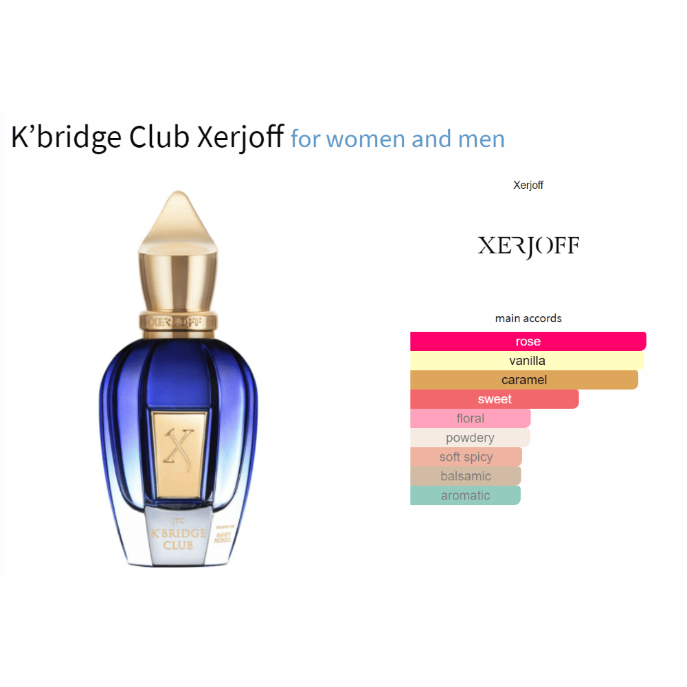 K’bridge Club Xerjoff unisex fragrance decant samples with notes of Bulgarian Rose, Coriander, Bourbon Vanilla, and caramel.