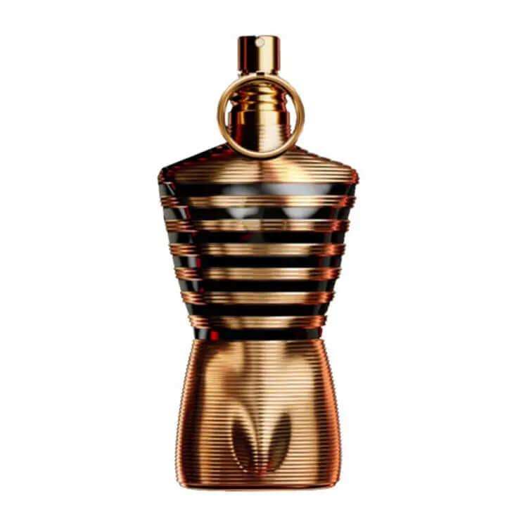Le Male Elixir Jean Paul Gaultier fragrance bottle, amber fougere scent for men.