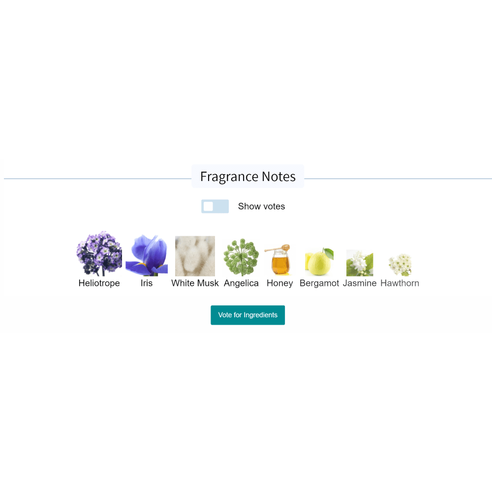 L'Eau d'Hiver fragrance notes including heliotrope, iris, white musk, angelica, honey, bergamot, jasmine, and hawthorn, displayed as ingredients for the scent.