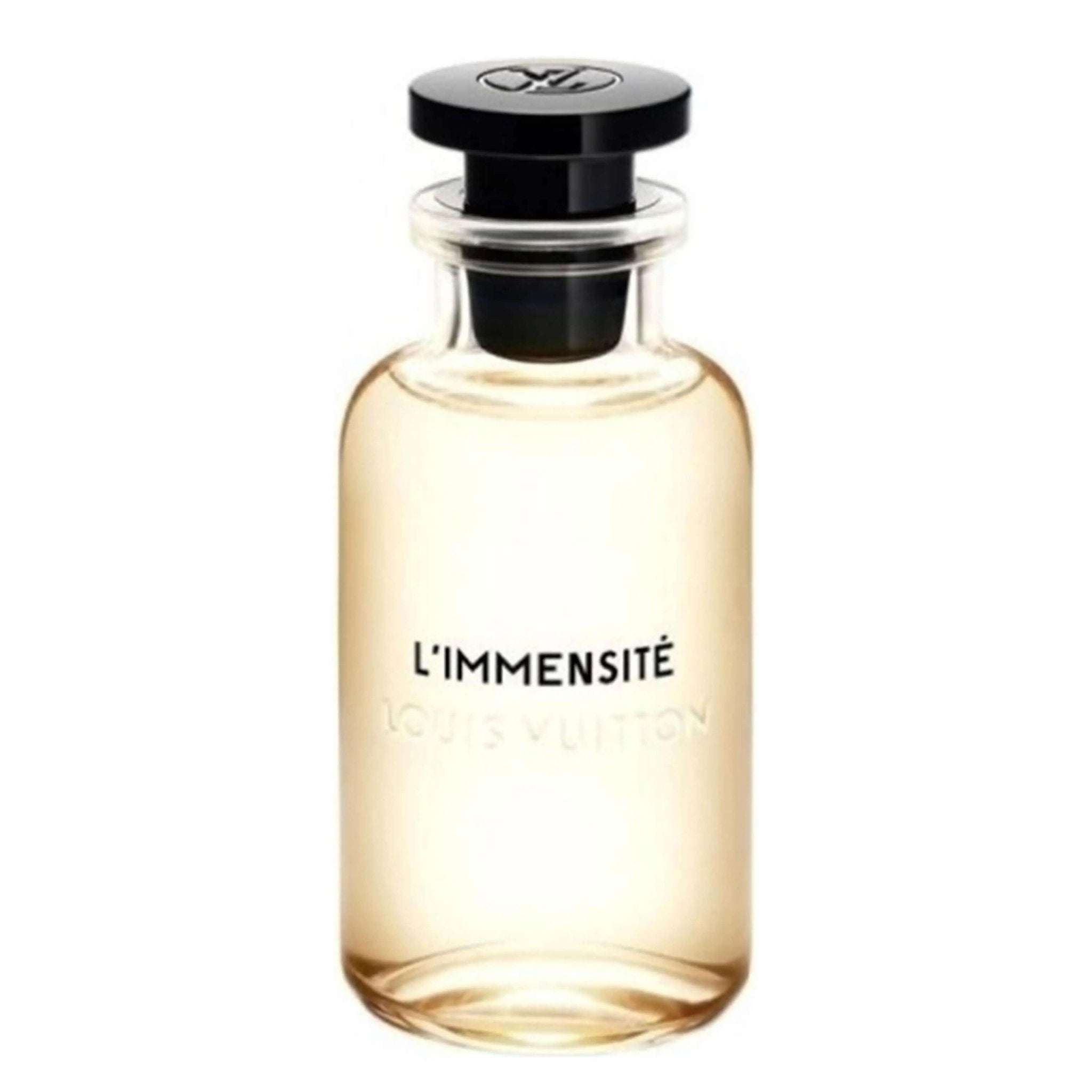 L’Immensité Louis Vuitton fragrance bottle for men against white background.