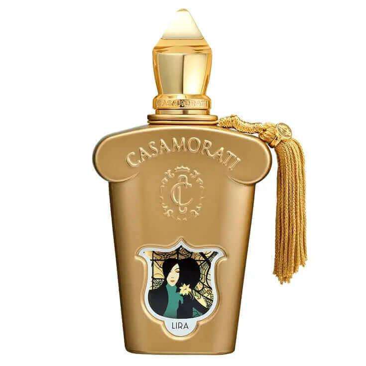 Lira Xerjoff fragrance bottle for women with gold detailing and ornate design.