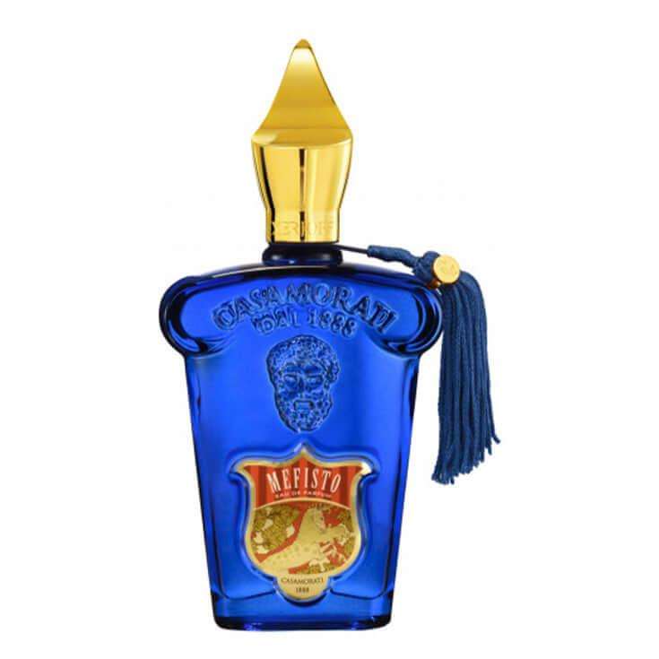 Mefisto Xerjoff fragrance bottle with blue glass and gold cap.
