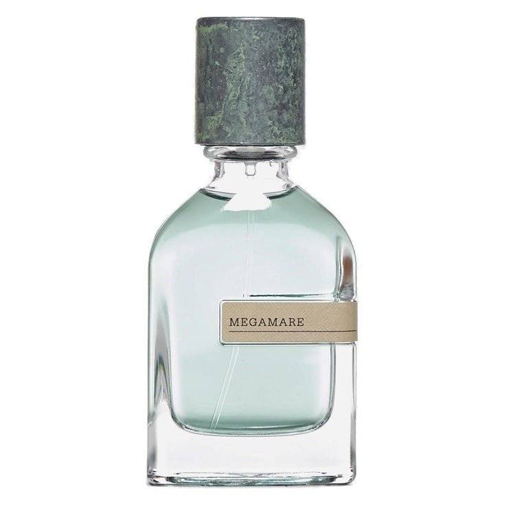 Megamare Orto Parisi fragrance bottle with green cap and minimalist label.