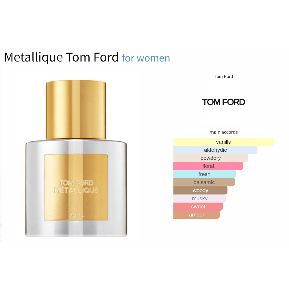 Metallique Tom Ford for women decant fragrance bottle, floral aldehyde scent.