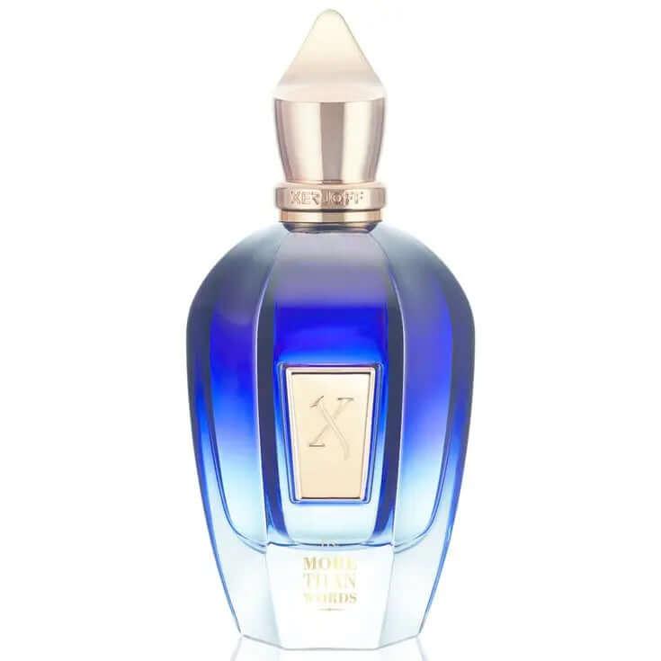More Than Words Xerjoff fragrance bottle in blue, offering an amber woody scent for men and women.