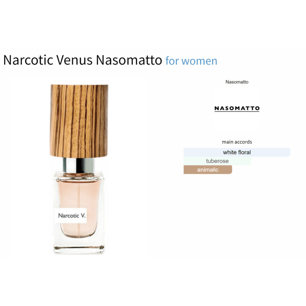 Narcotic Venus Nasomatto fragrance decant sample with wooden cap, featuring floral, tuberose, and animalic accords for women.
