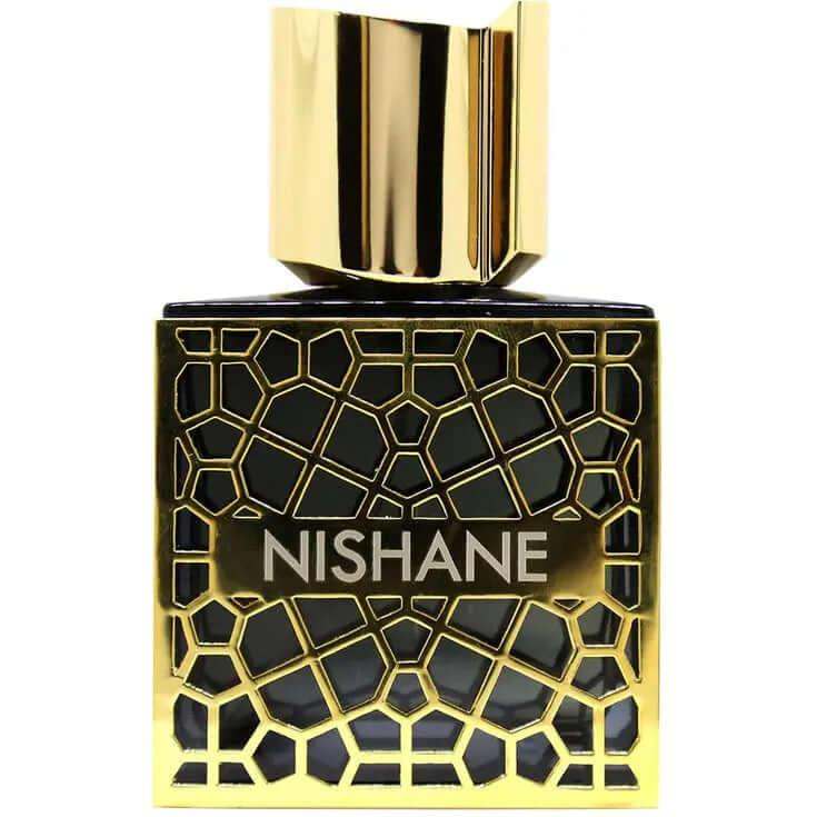 Nefs Nishane perfume bottle with geometric gold design.