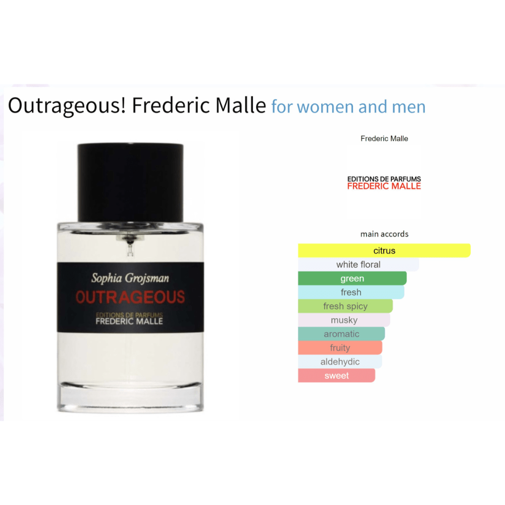Frederic Malle Outrageous! fragrance sample for women and men, featuring citrus, apple, and musk notes.