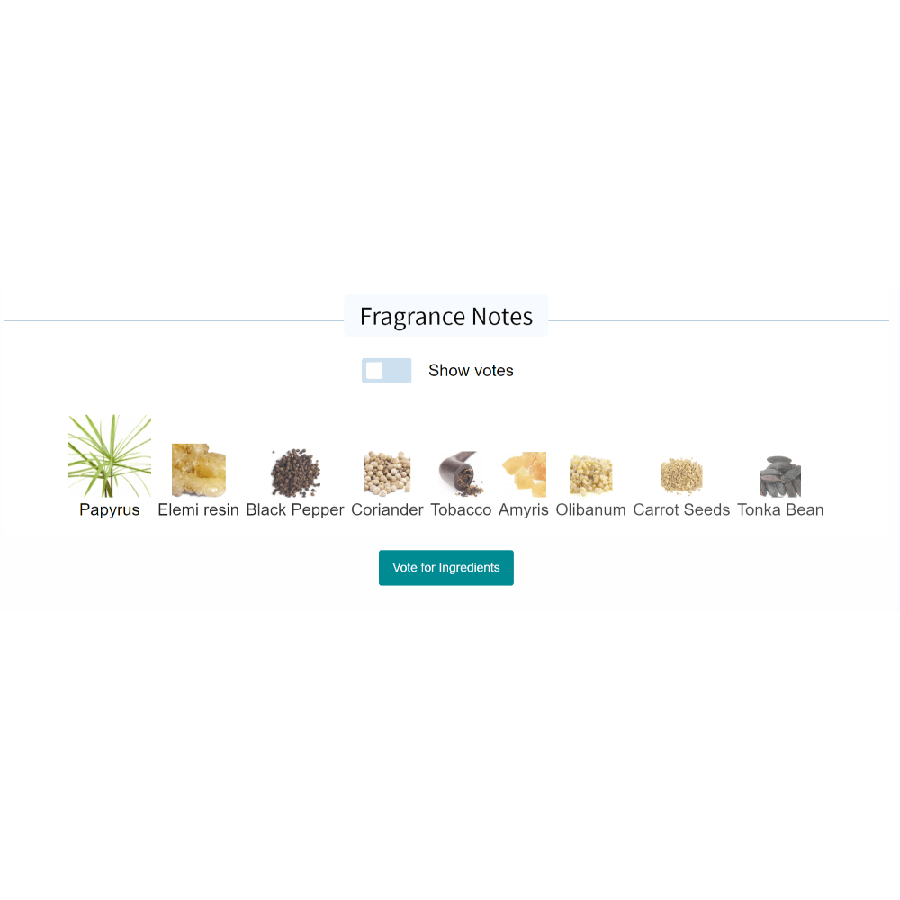 Papyrus Moleculaire fragrance notes and ingredients display with papyrus, elemi resin, black pepper, coriander, tobacco, amyris, olibanum, carrot seeds, and tonka bean.
