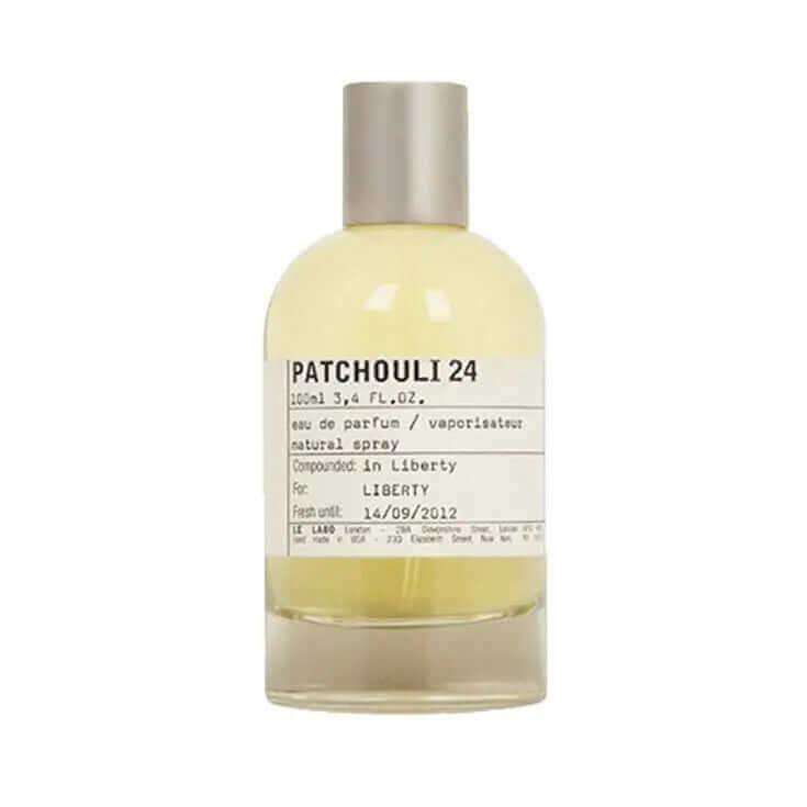 Patchouli 24 Le Labo fragrance bottle for women and men with label and silver cap.