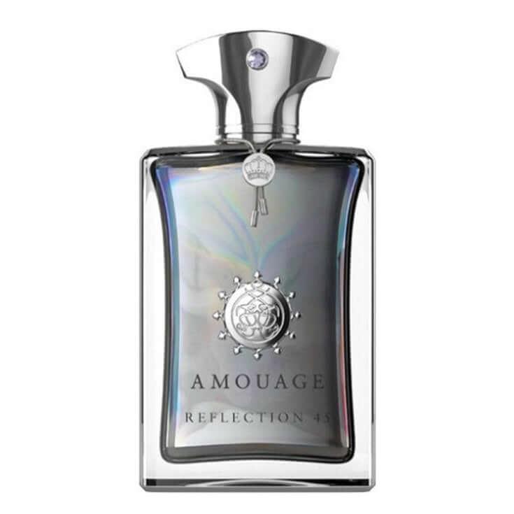 Reflection 45 Man Amouage fragrance bottle with silver cap and elegant design.