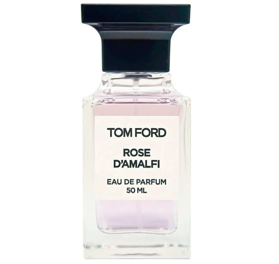 Tom Ford Rose D'Amalfi fragrance bottle with black cap, 50 ml.