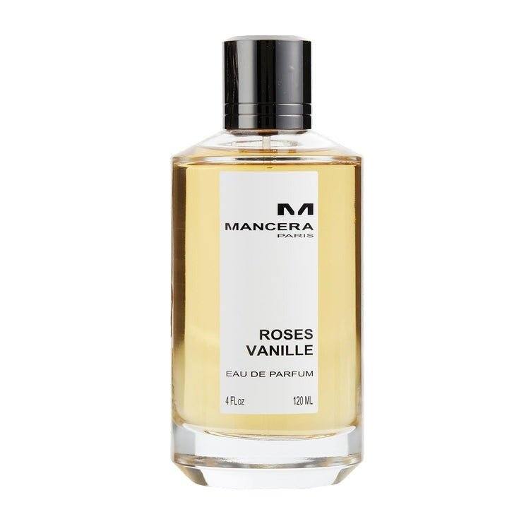 Roses Vanille Mancera fragrance bottle with amber liquid for women.