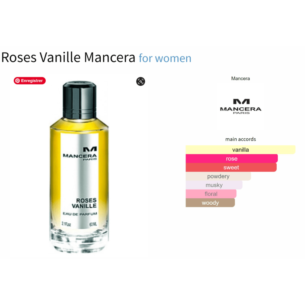 Roses Vanille Mancera fragrance bottle for women, featuring vanilla and Turkish rose notes.