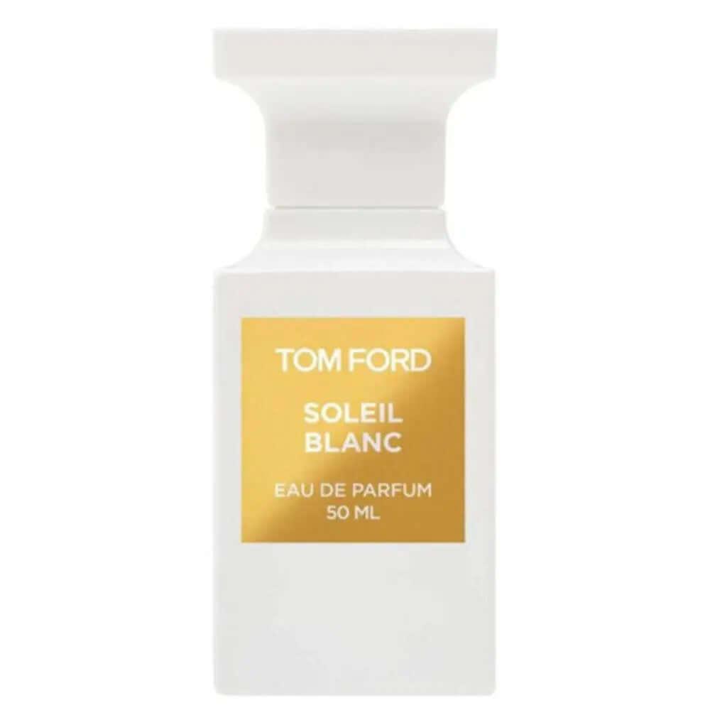 Tom Ford Soleil Blanc fragrance bottle with white and gold design, suitable for both men and women.