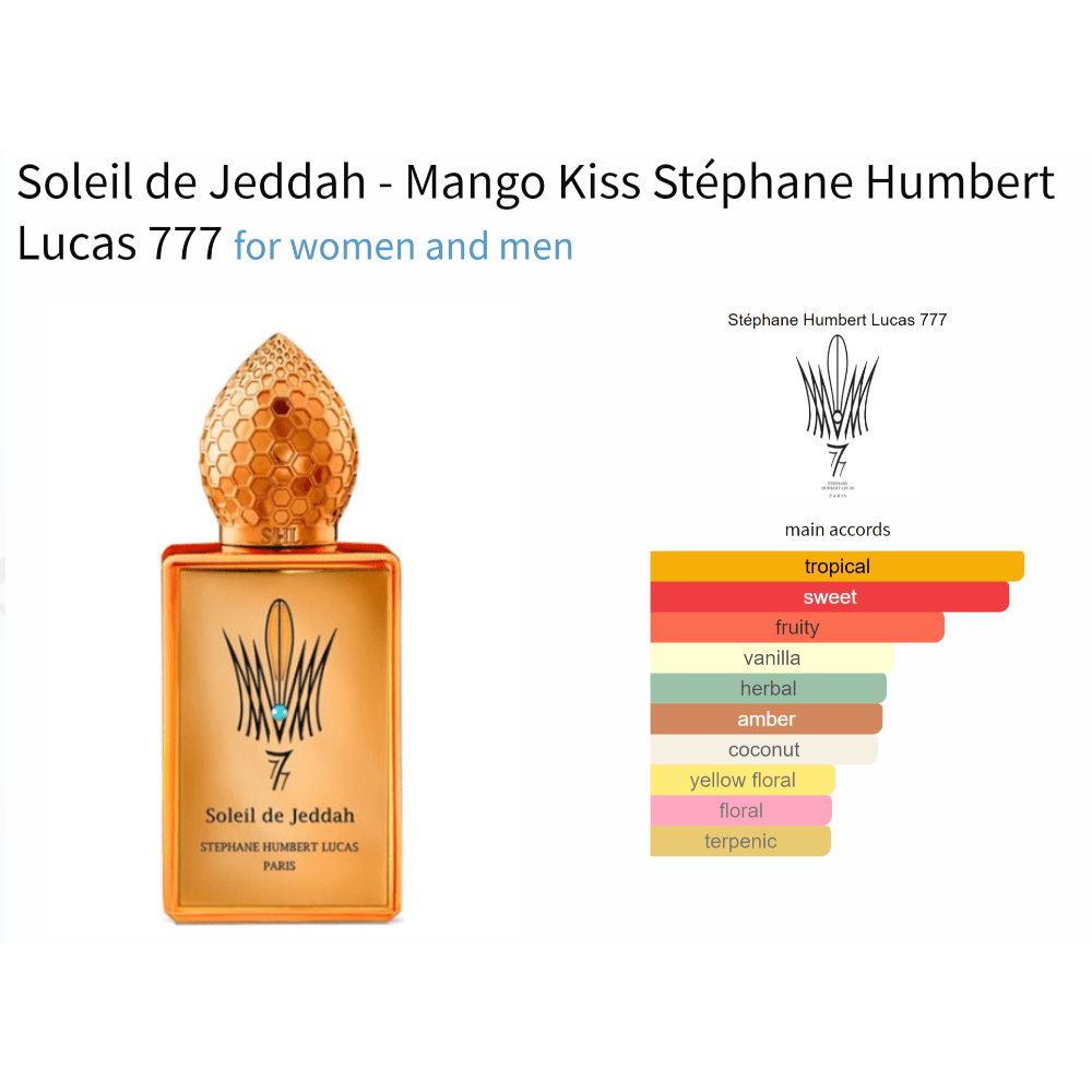 Soleil de Jeddah Mango Kiss fragrance sample bottle by Stéphane Humbert Lucas 777 for women and men, highlighting tropical and sweet notes.