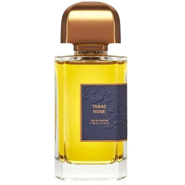 Tabac Rose BDK Parfums fragrance bottle with amber liquid and gold cap.