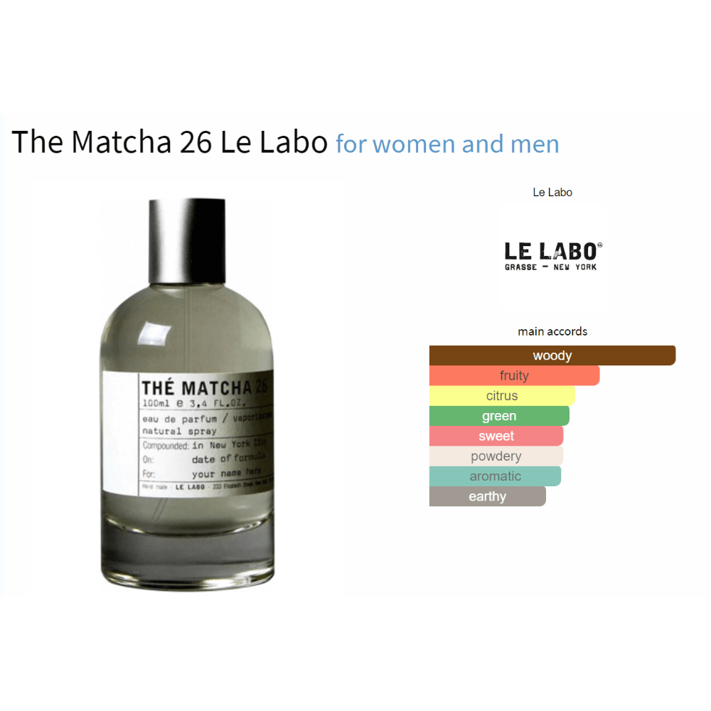 Matcha 26 Le Labo fragrance bottle with main accords.