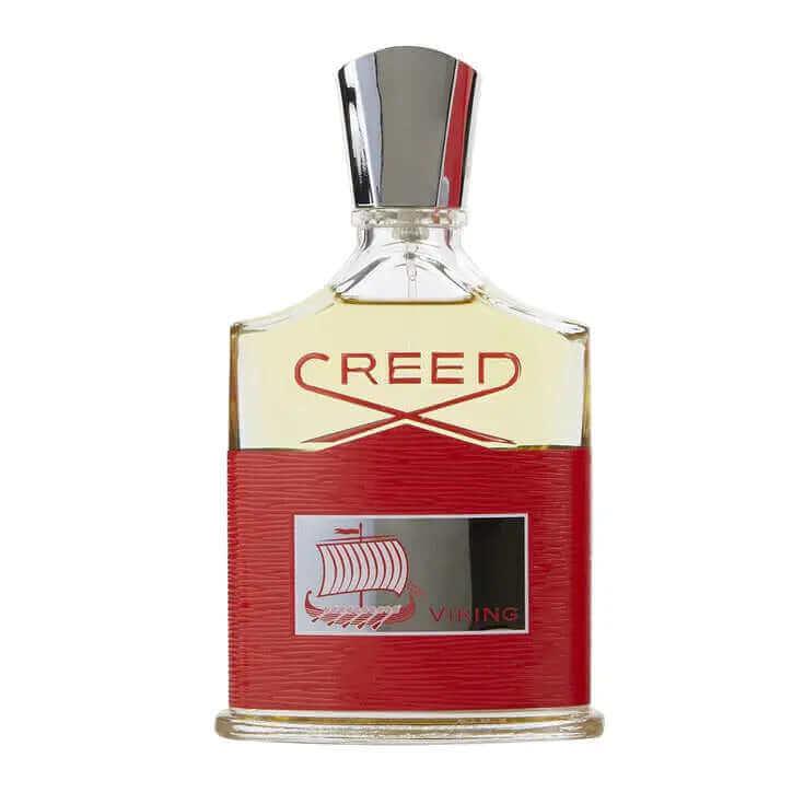Viking Creed fragrance for men bottle with red label and silver cap.